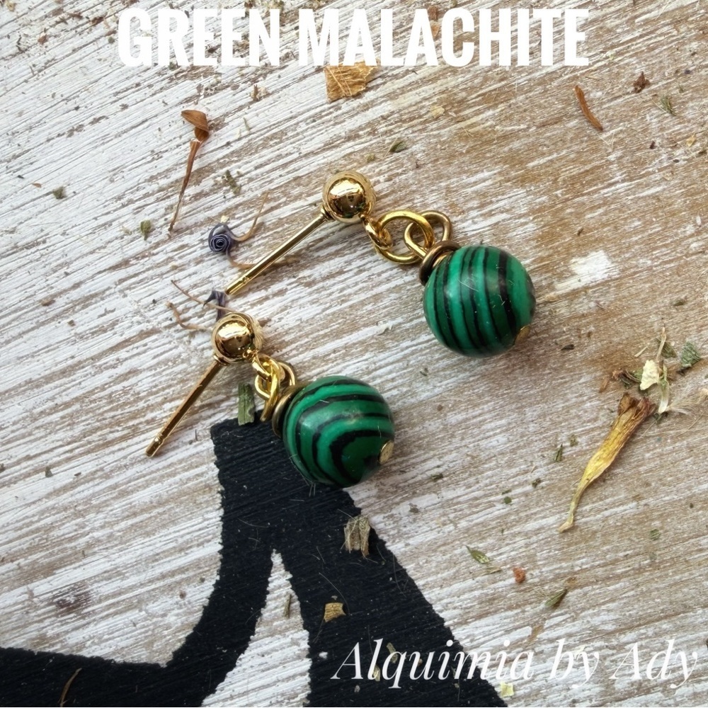 Alquimia Elegant Green Malachite gold hoop Earrings